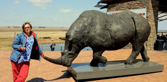 woman with a rhino statue