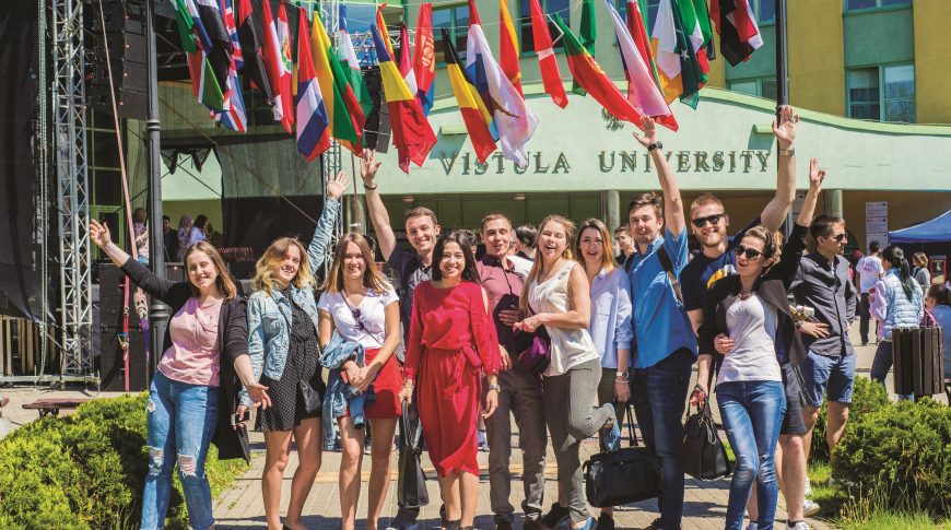 studenci, flagi, grup, vistula, uniwersytet, budynek
