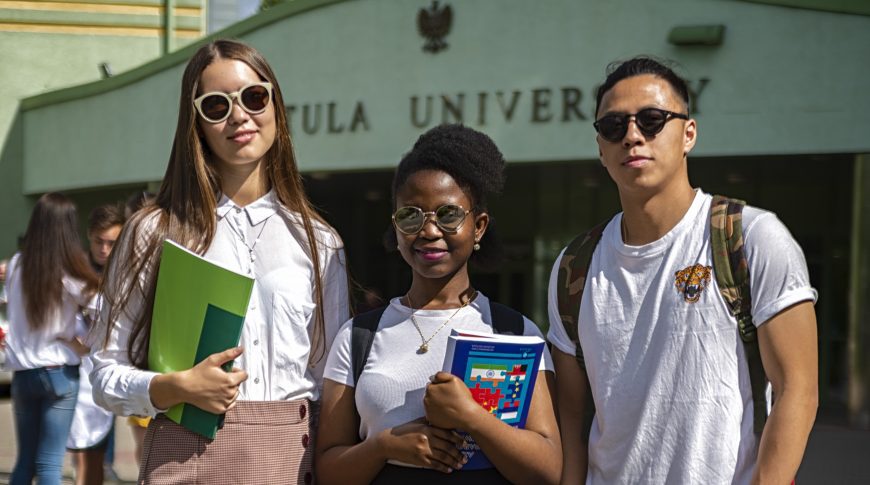 studenci, grupa, vistula, uniwersytet, budynek, na dworze